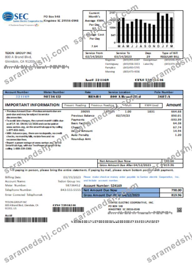 Santee Electric Cooperative Inc (SEC) proof of address utility business bill, SCR